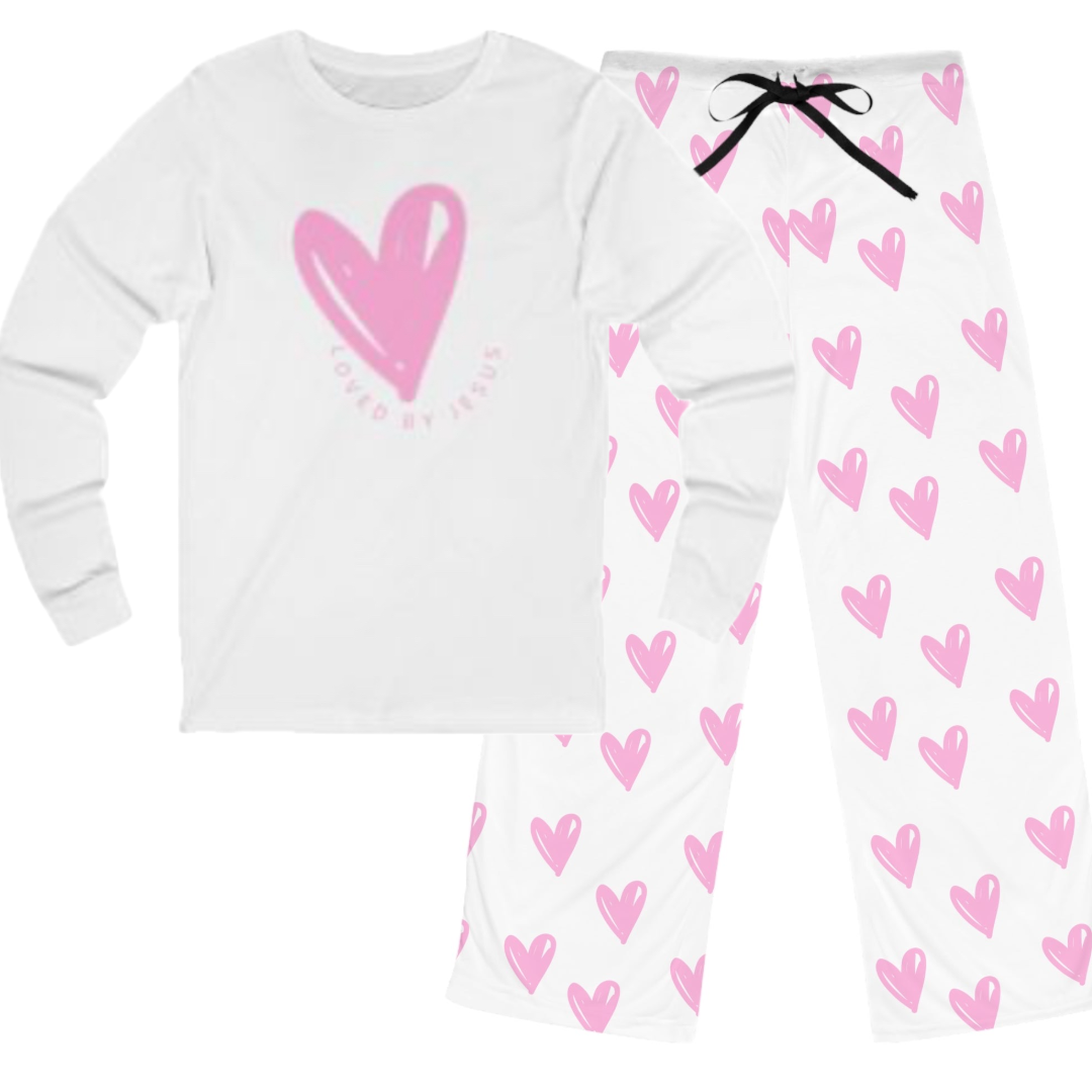 Loved by Jesus Pajama Set – Pink Heart Long Sleeve Shirt and Lounge Pants Bundle