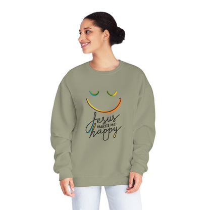 Unisex Jesus Makes Me Happy Sweatshirt – Faith-Inspired Smiley Face Premium Preshrunk Pullover