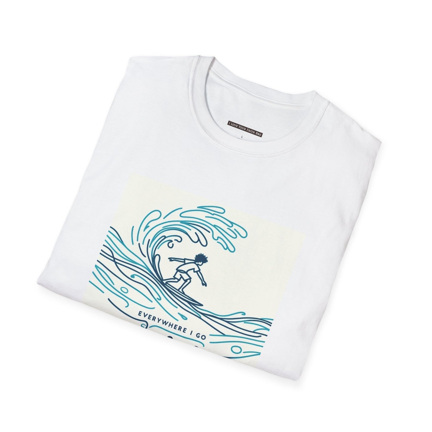 Surfer, Everywhere I Go Jesus is There, Men Crew neck Cotton Softstyle T-Shirt-White - I Love Your Faith Co.