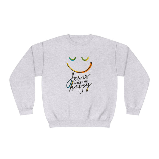 Unisex Jesus Makes Me Happy Sweatshirt – Faith-Inspired Smiley Face Premium Preshrunk Pullover