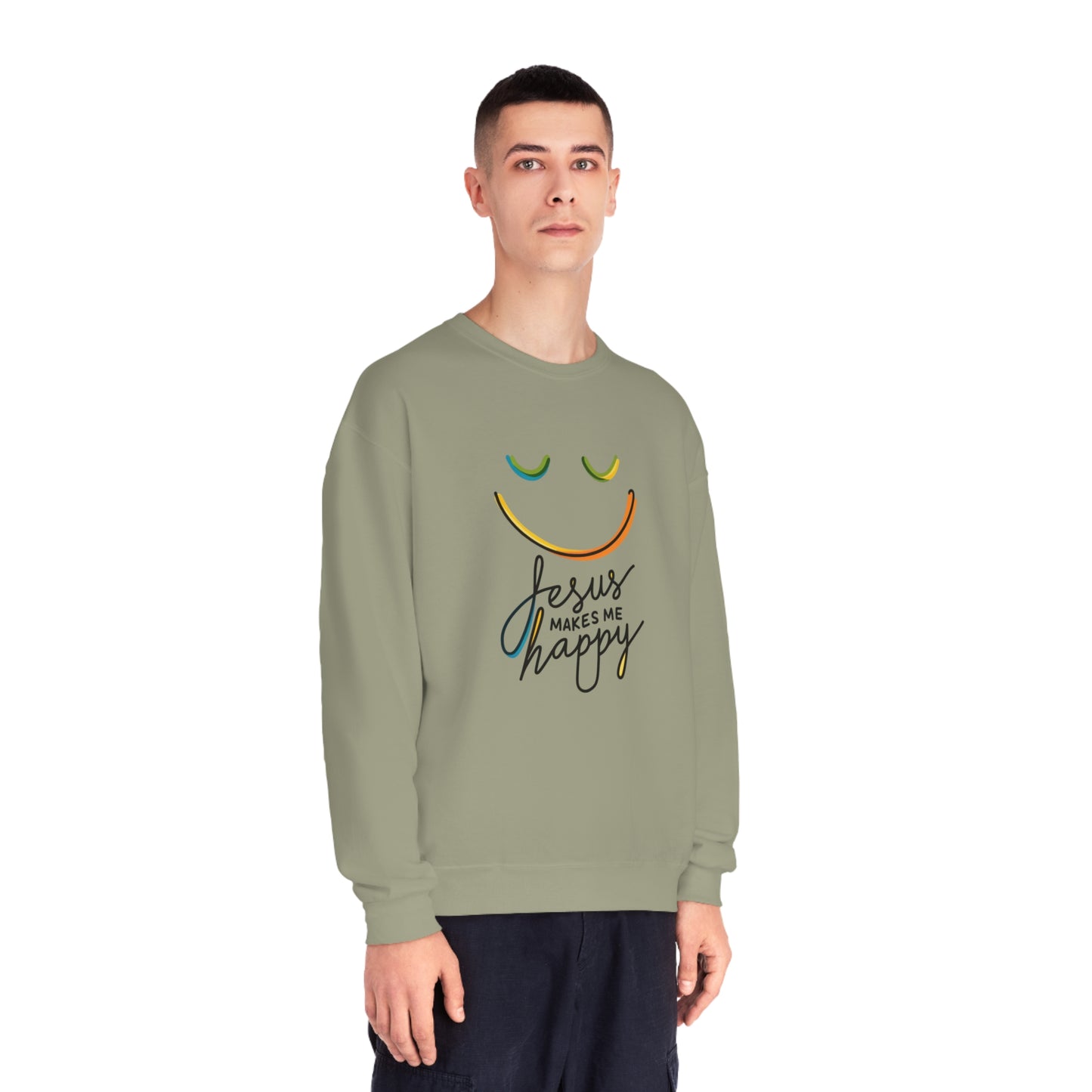 Unisex Jesus Makes Me Happy Sweatshirt – Faith-Inspired Smiley Face Premium Preshrunk Pullover