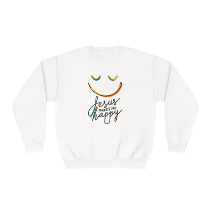 Unisex Jesus Makes Me Happy Sweatshirt – Faith-Inspired Smiley Face Premium Preshrunk Pullover