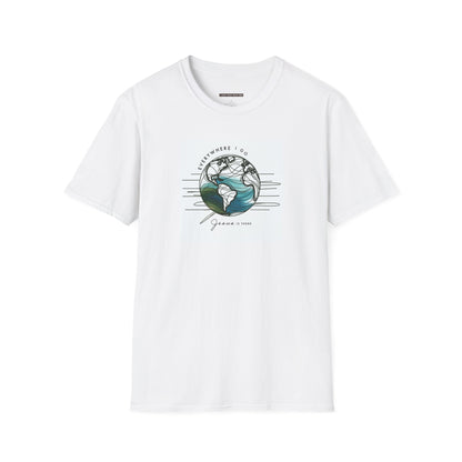 Globe Everywhere I Go Jesus is There, Men Crew neck Cotton Softstyle T-Shirt-White - I Love Your Faith Co.