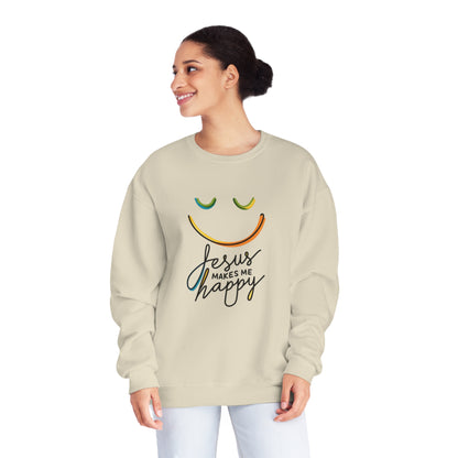 Unisex Jesus Makes Me Happy Sweatshirt – Faith-Inspired Smiley Face Premium Preshrunk Pullover