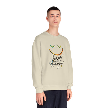 Unisex Jesus Makes Me Happy Sweatshirt – Faith-Inspired Smiley Face Premium Preshrunk Pullover