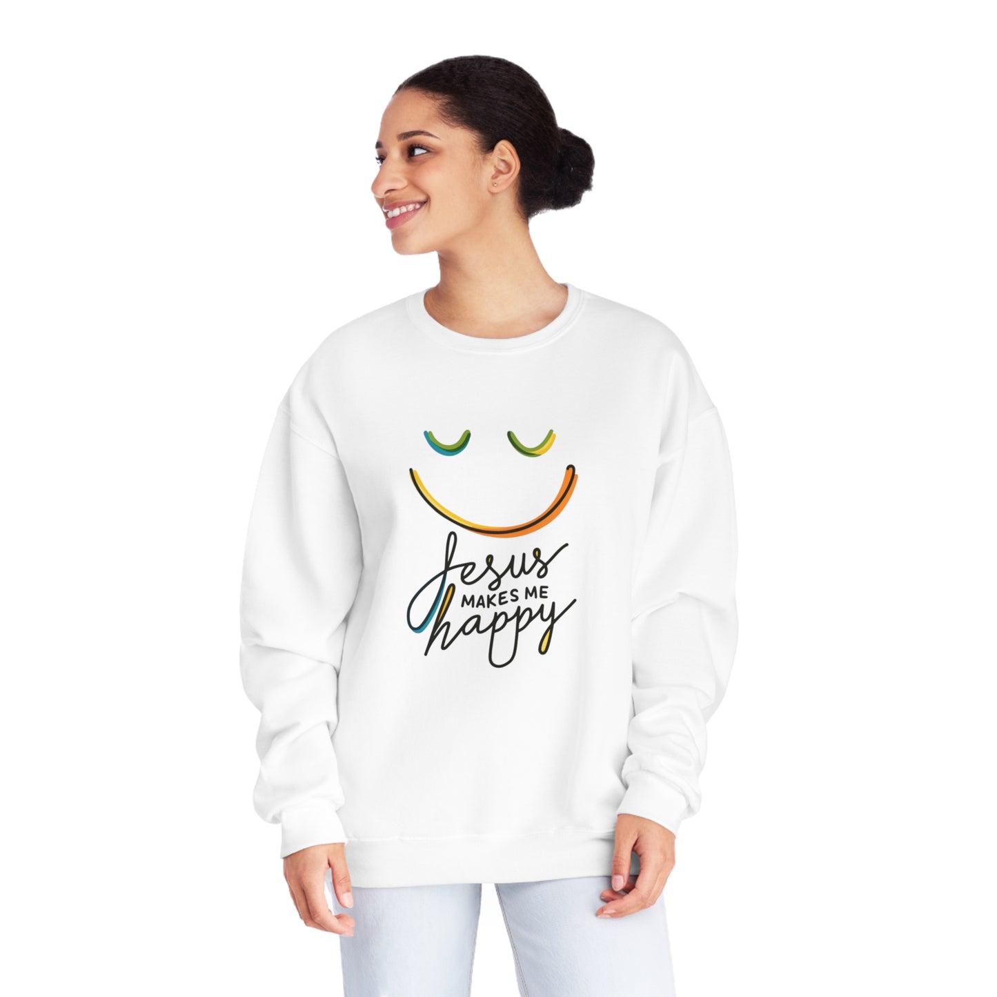 Unisex Jesus Makes Me Happy Sweatshirt – Faith-Inspired Smiley Face Premium Preshrunk Pullover