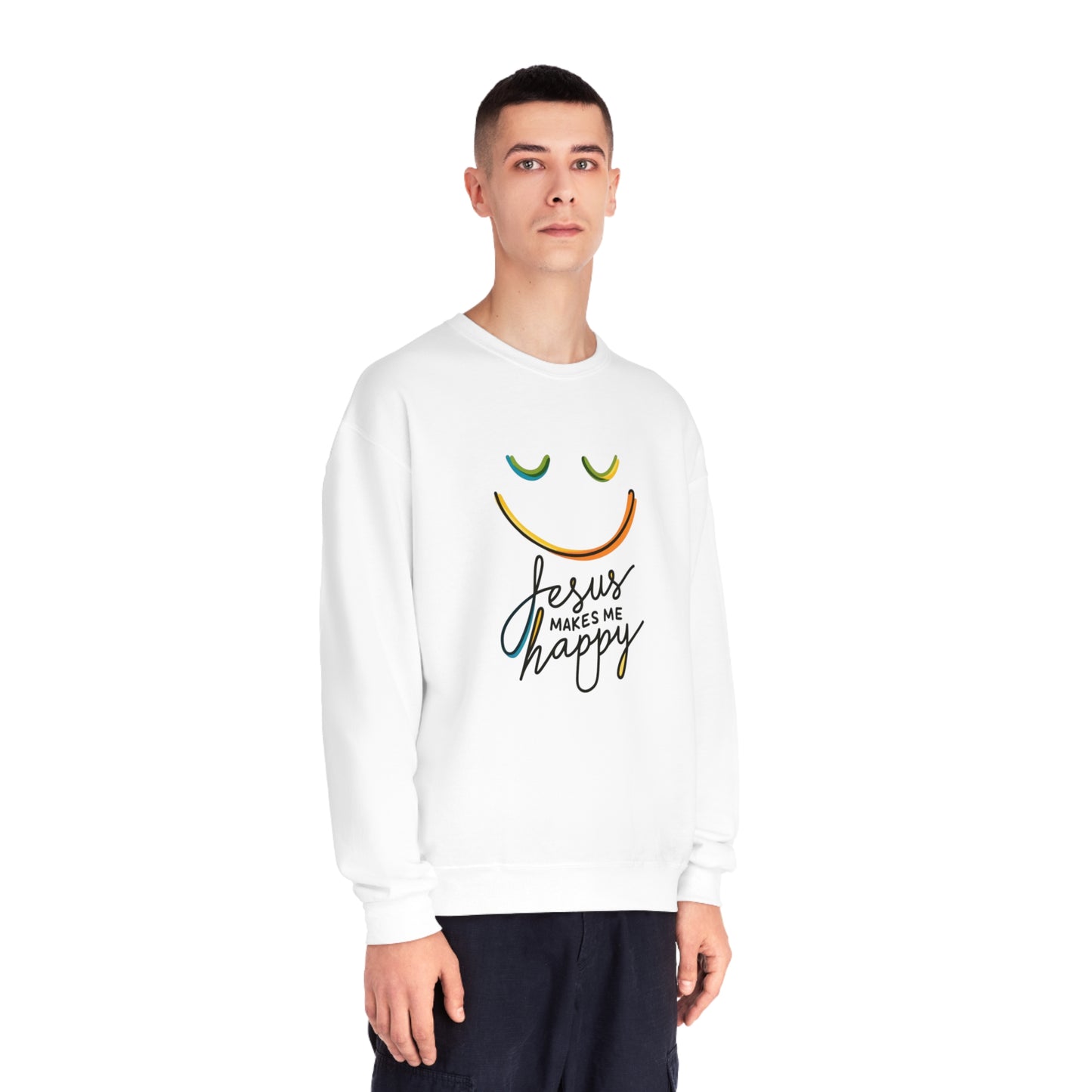 Unisex Jesus Makes Me Happy Sweatshirt – Faith-Inspired Smiley Face Premium Preshrunk Pullover