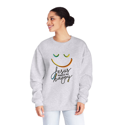 Unisex Jesus Makes Me Happy Sweatshirt – Faith-Inspired Smiley Face Premium Preshrunk Pullover