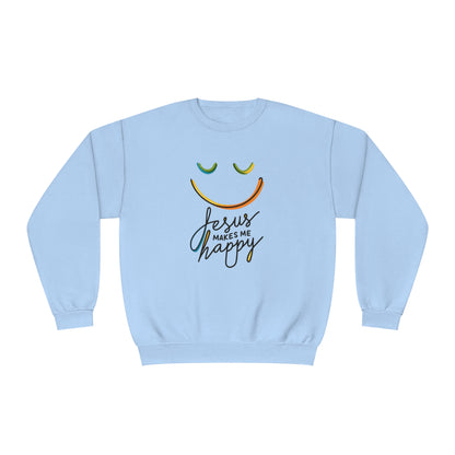 Unisex Jesus Makes Me Happy Sweatshirt – Faith-Inspired Smiley Face Premium Preshrunk Pullover