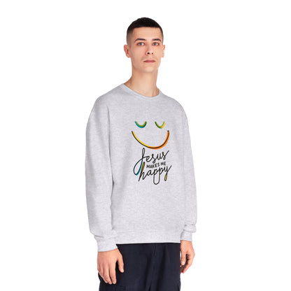 Unisex Jesus Makes Me Happy Sweatshirt – Faith-Inspired Smiley Face Premium Preshrunk Pullover