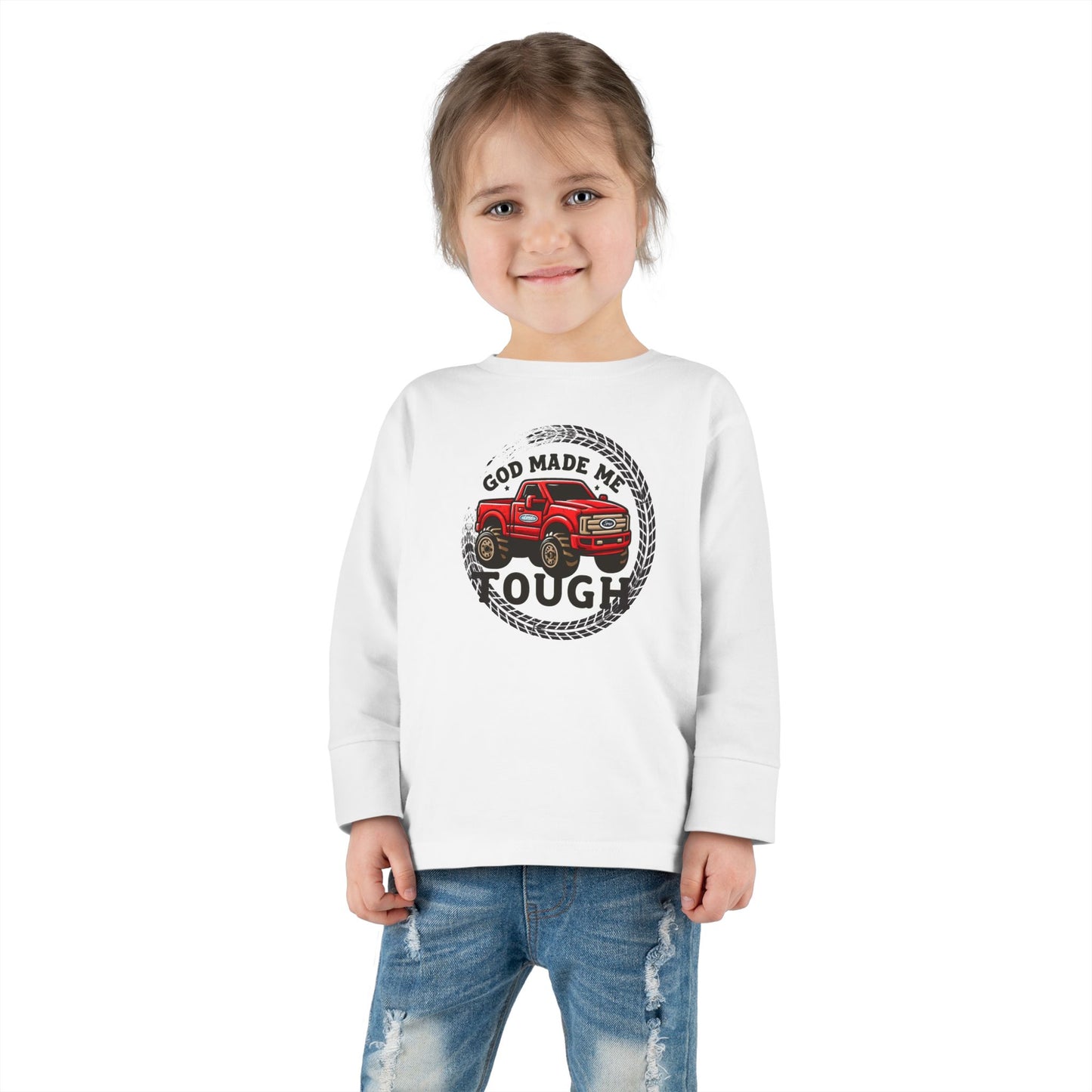 2T-6T Toddler God Made Me Tough Toddler Long Sleeve Shirt – Monster Truck Tee