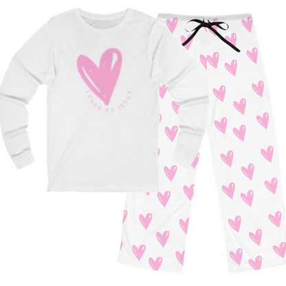 Loved by Jesus Pajama Set – Pink Heart Long Sleeve Shirt and Lounge Pants Bundle