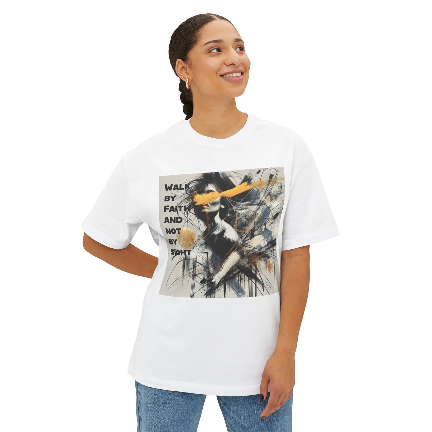 Womens Walk by Faith, Not by Sight Graphic Tee – Inspirational Christian Oversized Boxy Tee