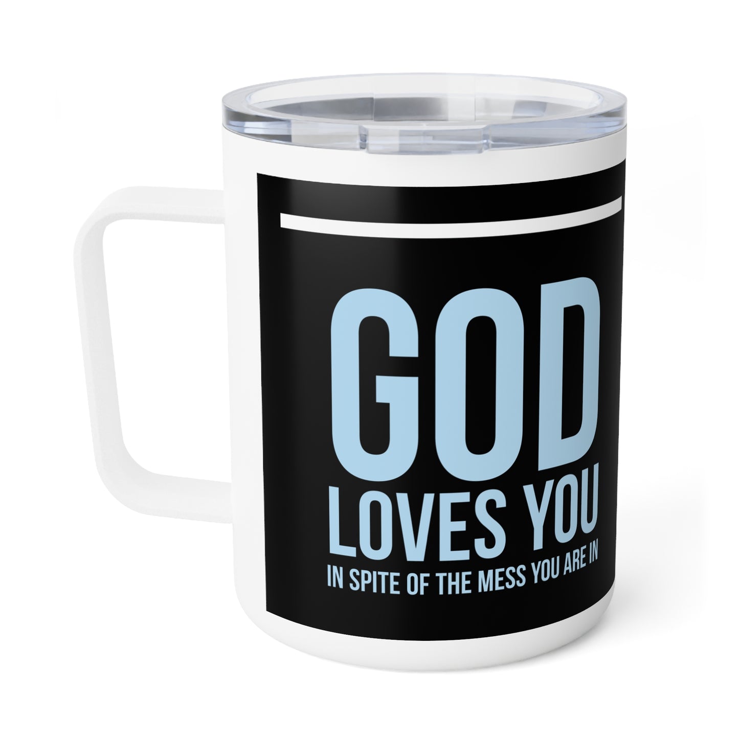 God Loves You Insulated Coffee Mug, 10oz black and blue - I Love Your Faith Co.