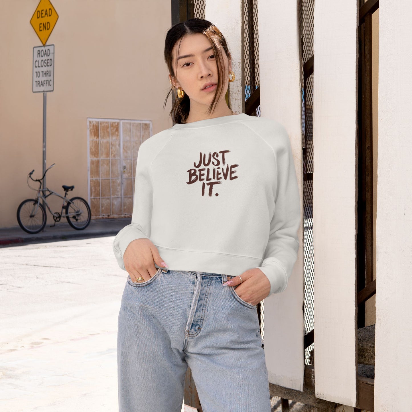 Women’s ‘Just Believe It’ Cropped Fleece Pullover – Inspirational Cozy Sweatshirt