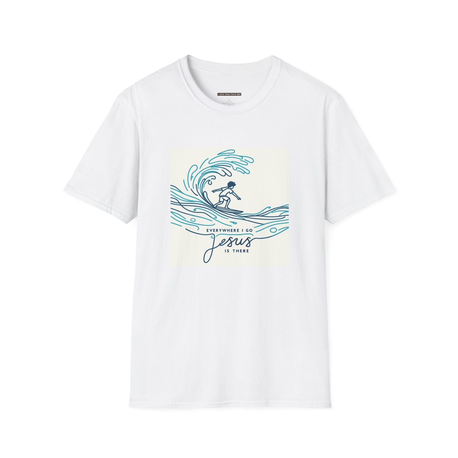 Surfer, Everywhere I Go Jesus is There, Men Crew neck Cotton Softstyle T-Shirt-White - I Love Your Faith Co.