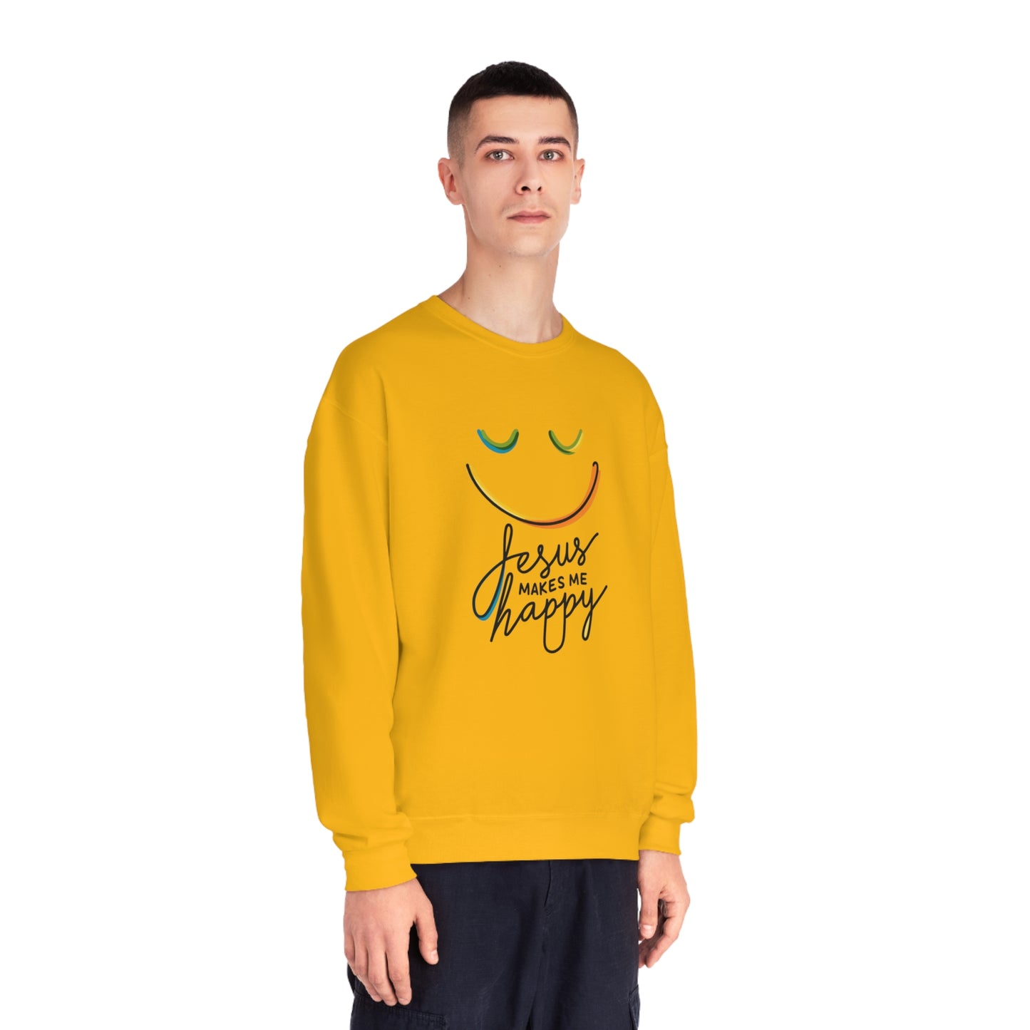 Unisex Jesus Makes Me Happy Sweatshirt – Faith-Inspired Smiley Face Premium Preshrunk Pullover