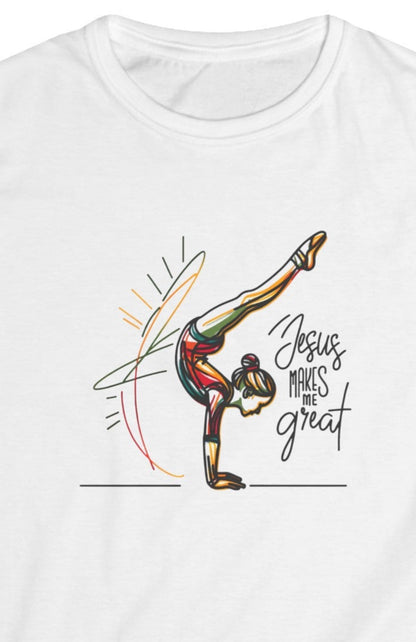 Teen Girls Gymnasts, Jesus Makes Me Great, Teen Girls Short Tee, White - I Love Your Faith Co.