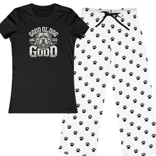 Good Ol’ Dog and God Pajama Set – Dog Lover T-Shirt and Paw Print Pants Bundle