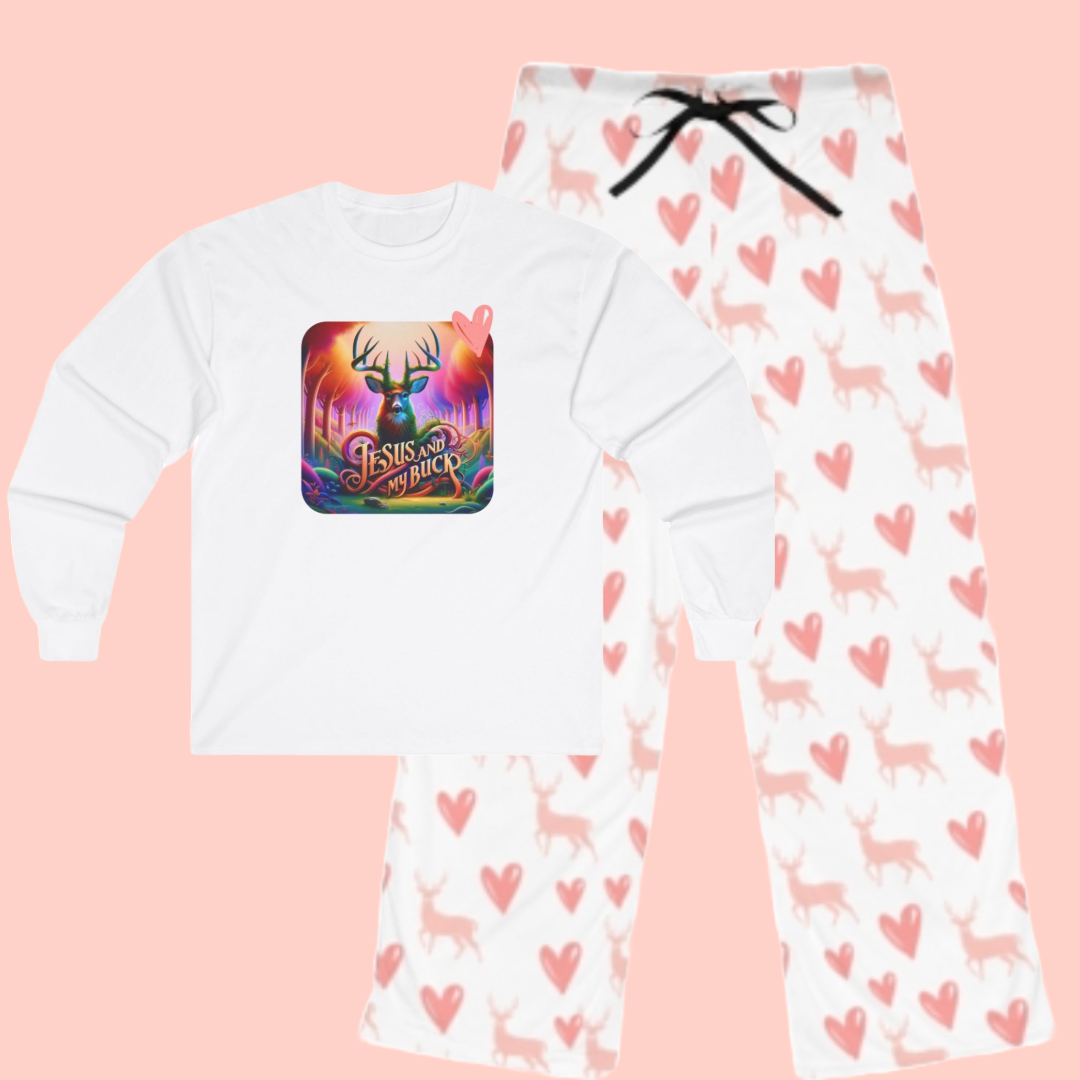 Cozy Pink Heart Pajama Pants Set with Jesus and My Buck Graphic Tee – Perfect Lounge Wear"